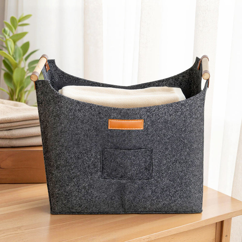 Borsa Portalegna da Interno con Manici in Legno 45x32x40 cm in Feltro Grigio Scuro       