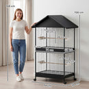 Gabbia per Uccelli Grande 94x70x158 cm con Ruote Vassoio Estraibile Posatoi Tetto in Acciaio e Legno Nero      
