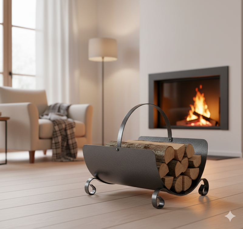 Porta Legna Design Classico con Manico Pieghevole 38x36x36 cm in Ferro Verniciato Grigio Martellato