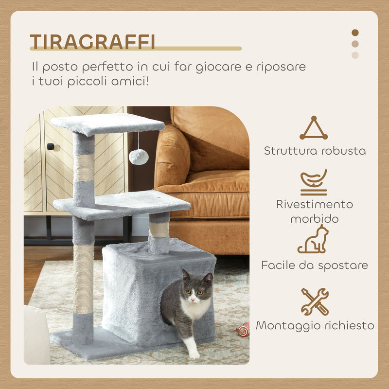 Albero Tiragraffi con Casetta e Piattaforme in Peluche 50x30x81,5 cm Pali in Sisal Grigio   
