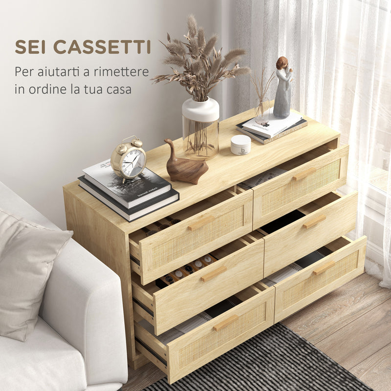 Cassettiera 6 Cassetti Stile Boho 110x40x69 cm in Legno e Rattan Rovere      