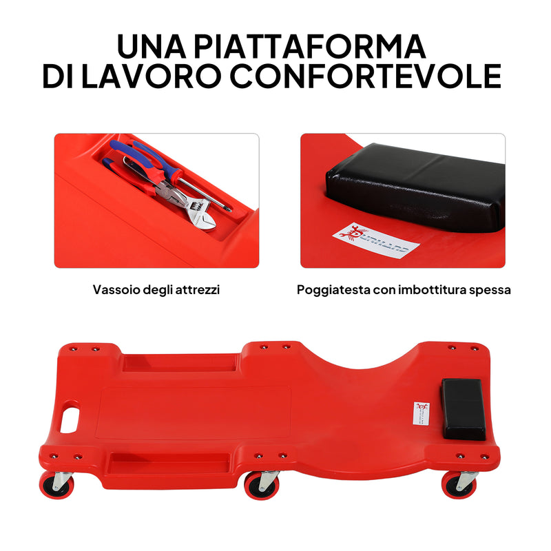 Carrello da Meccanico 100x48x12 cm con Poggiatesta Imbottito e 2 Vassoi Laterali in Plastica Rosso 