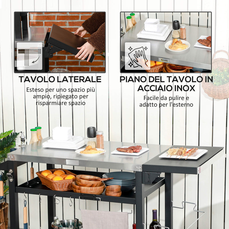 Carrello Barbecue con Tavolino Pieghevole 125x65x84 cm in Acciaio Inox Nero