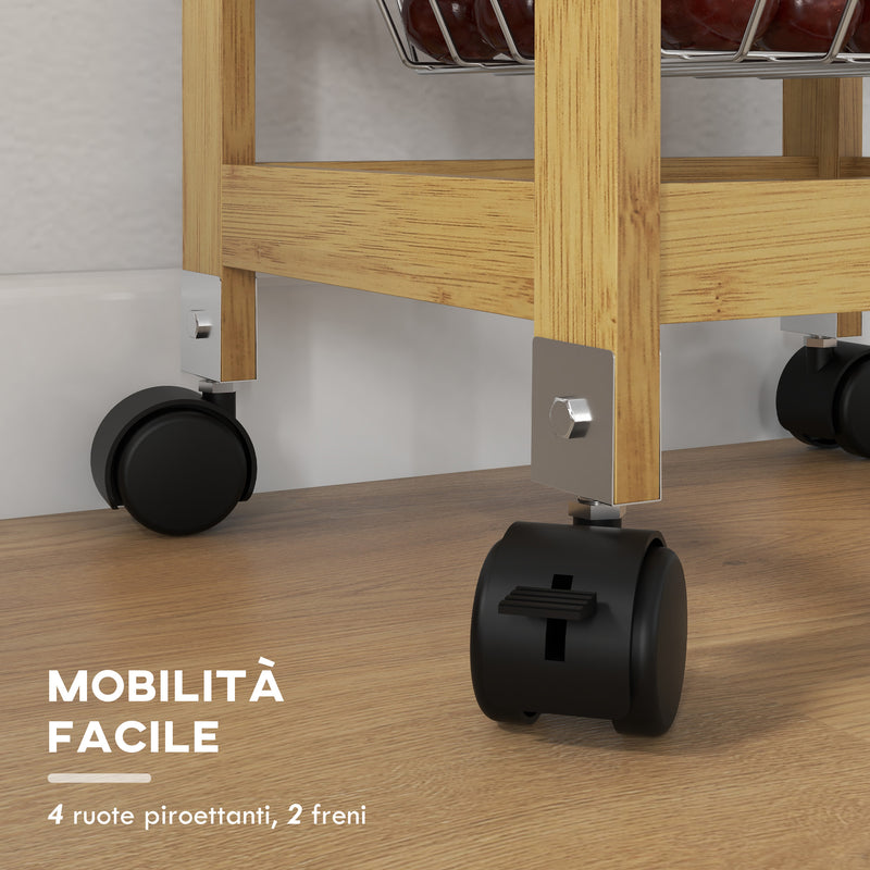 Carrello Cucina con Cassetto e 3 Cestini a Rete Metallica 37x37x76 cm in Legno