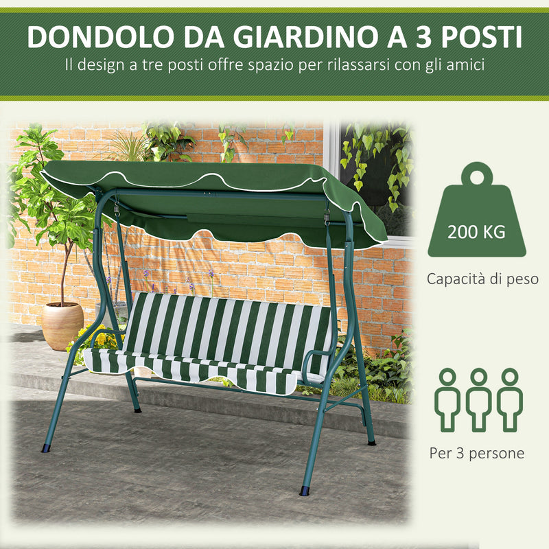 Dondolo 3 Posti con Tettuccio Regolabile 170x110x153 cm in Acciaio e Poliestere Verde e Bianco