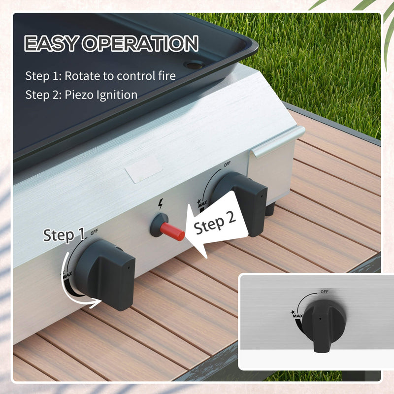 Piastra Barbecue a Gas con 2 Bruciatori Piano Antiaderente e Potenza 4.8kw Argento