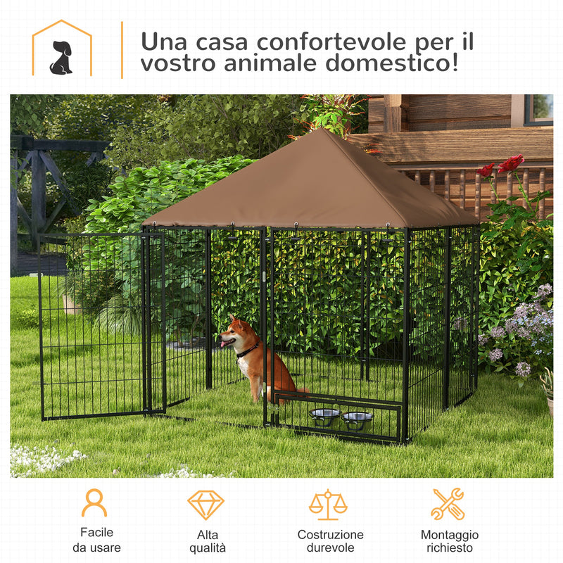 Recinto per Cani con Porticina per Ciotole 141x141x151 cm in Metallo e Tessuto Oxford Nero e Marrone