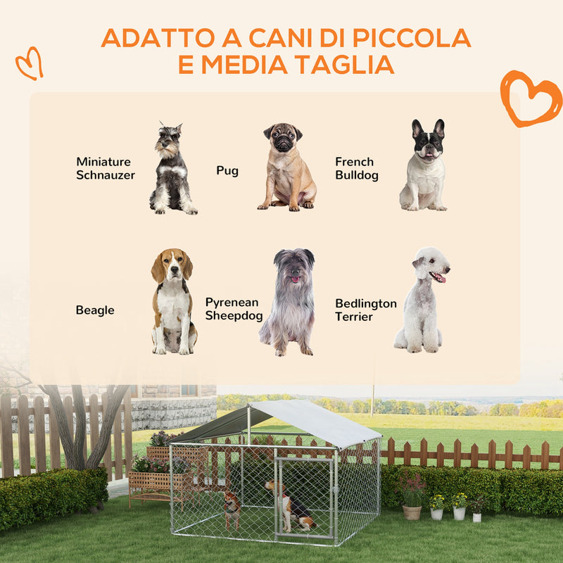 Recinto per Cani Taglia Media da Esterno 200x200x150 cm con Tetto Impermeabile Argento