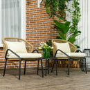 Set Tavolino e 2 Poltrone da Giardino con Braccioli e Cuscini in Acciaio e Rattan PE Crema