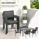 Set Tavolo e 6 Sedie Impilabili da Giardino in Tessuto a Rete e Tavolo Effetto Legno Grigio