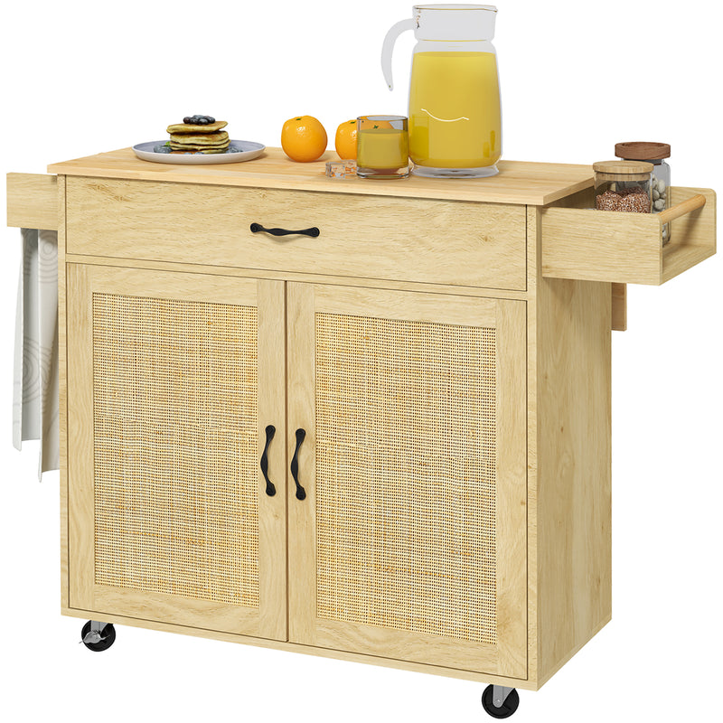 Carrello da Cucina con Piano Pieghevole 120x68x89 cm in Legno e Rattan Stile Boho