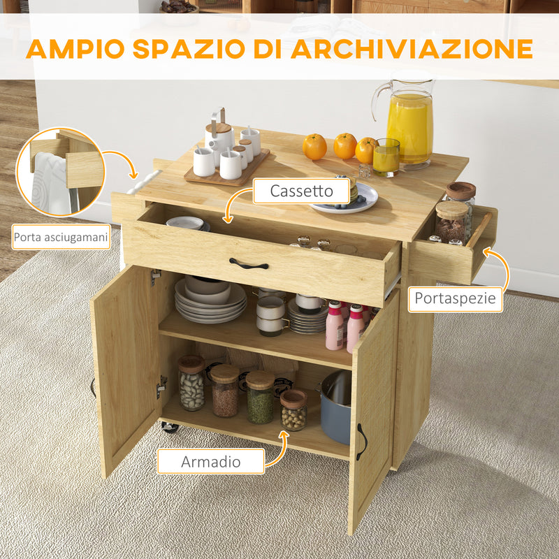 Carrello da Cucina con Piano Pieghevole 120x68x89 cm in Legno e Rattan Stile Boho