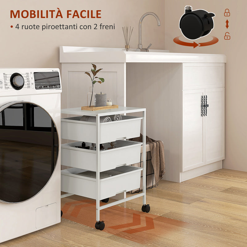 Carrello Multiuso con 3 Cestini Estraibili e Ruote 40,8x33,5x60,5 cm in Acciaio e PP Bianco