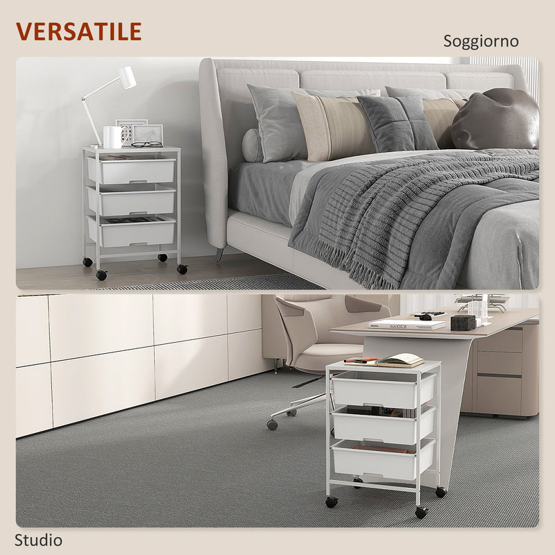 Carrello Multiuso con 3 Cestini Estraibili e Ruote 40,8x33,5x60,5 cm in Acciaio e PP Bianco
