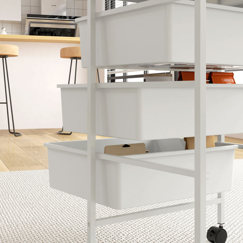 Carrello Multiuso con 3 Cestini Estraibili e Ruote 40,8x33,5x60,5 cm in Acciaio e PP Bianco