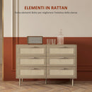 Cassettiera 6 Cassetti Stile Boho per Soggiorno e Camera da Letto 110x40x75 cm in Legno e Rattan Naturale