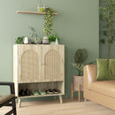 Mobile Multiuso in Stile Boho 80x38x100 cm con Ante in Rattan e Ripiano Aperto Rovere