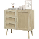 Mobile Multiuso Stile Boho con Armadietto e 3 Cassetti 80x36x75 cm in Legno e Rattan Rovere