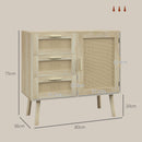 Mobile Multiuso Stile Boho con Armadietto e 3 Cassetti 80x36x75 cm in Legno e Rattan Rovere