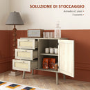 Mobile Multiuso Stile Boho con Armadietto e 3 Cassetti 80x36x75 cm in Legno e Rattan Rovere