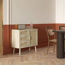 Mobile Multiuso Stile Boho con Armadietto e 3 Cassetti 80x36x75 cm in Legno e Rattan Rovere