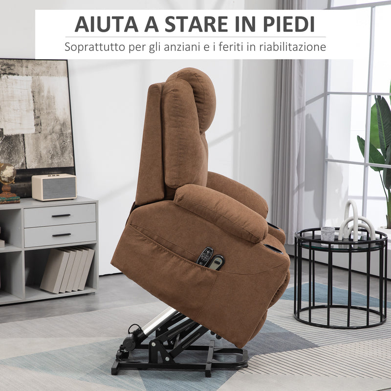 Poltrona Alzapersona Elettrica Massaggiante a 8 Punti 1 Motore 90x101x107 cm in Tessuto Effetto Lino Caffè
