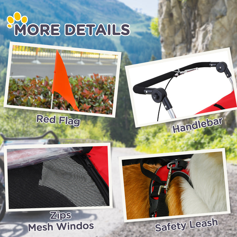 Rimorchio Bici per Cani Taglia Media a 2 Ingressi 126-155x83x108 cm con Finestrelle e Tettuccio Apribile Rosso