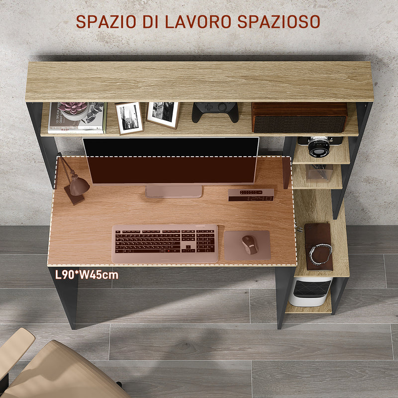 Scrivania Moderna con Ripiani e Supporto per CPU 114x45x138 cm in Legno Grigio e Legno Naturale