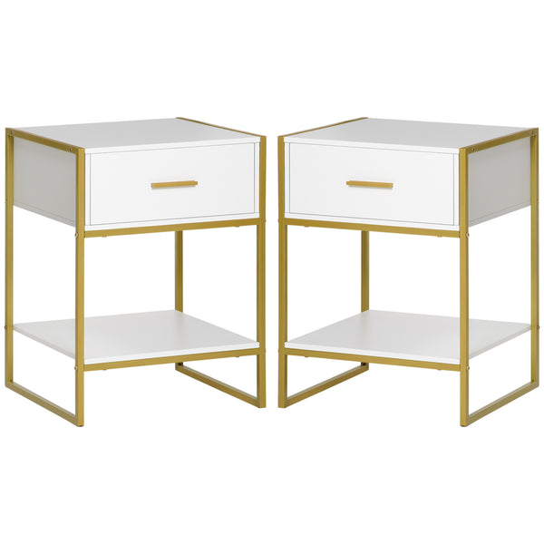 sconto Set 2 Comodini Moderni con Cassetto e Ripiano Aperto 45x40x60 cm in MDF e Acciaio Bianco e Oro