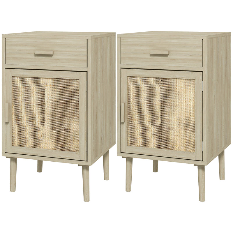 Set 2 Comodini per Camera da Letto con Cassetto e Anta 40x40x68,5 cm in Rattan Stile Boho Naturale