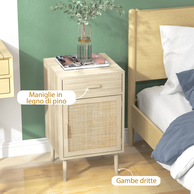 Set 2 Comodini per Camera da Letto con Cassetto e Anta 40x40x68,5 cm in Rattan Stile Boho Naturale