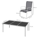 Set Tavolo con Top in Vetro 6 Sedie Impilabili da Giardino in Acciaio e Textilene Nero