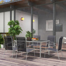 Set Tavolo con Top in Vetro 6 Sedie Impilabili da Giardino in Acciaio e Textilene Nero