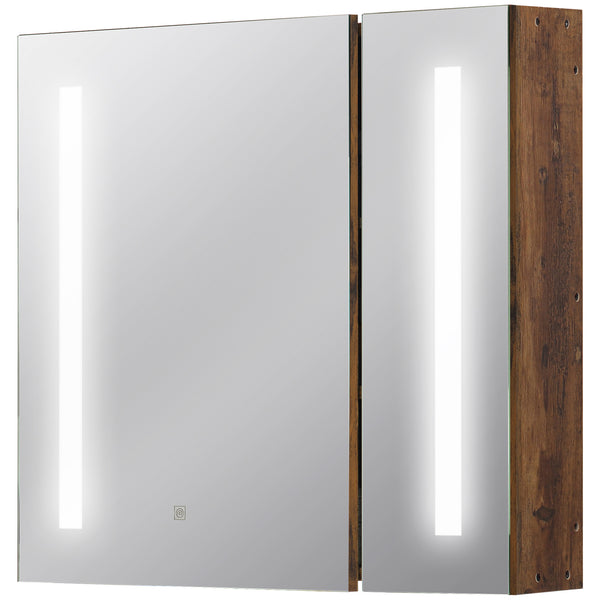 sconto Specchiera Bagno con Luci LED Regolabili 70x15x65 cm 2 Ante e Mensola Regolabile Marrone