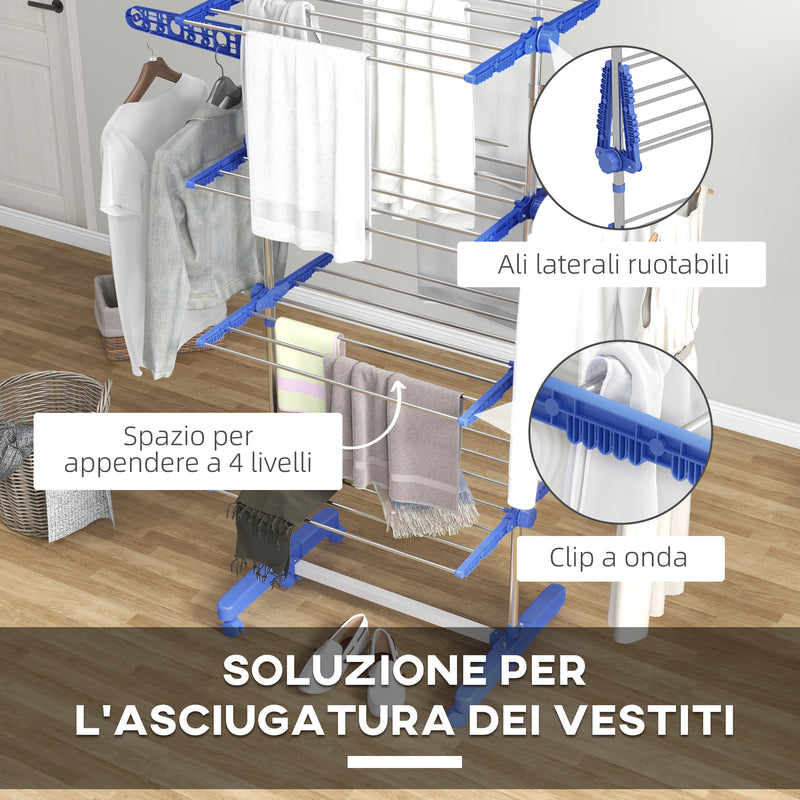 Stendino Verticale con 4 Ripiani Regolabili 142x55x172 cm in Acciaio e Plastica Blu e Argento