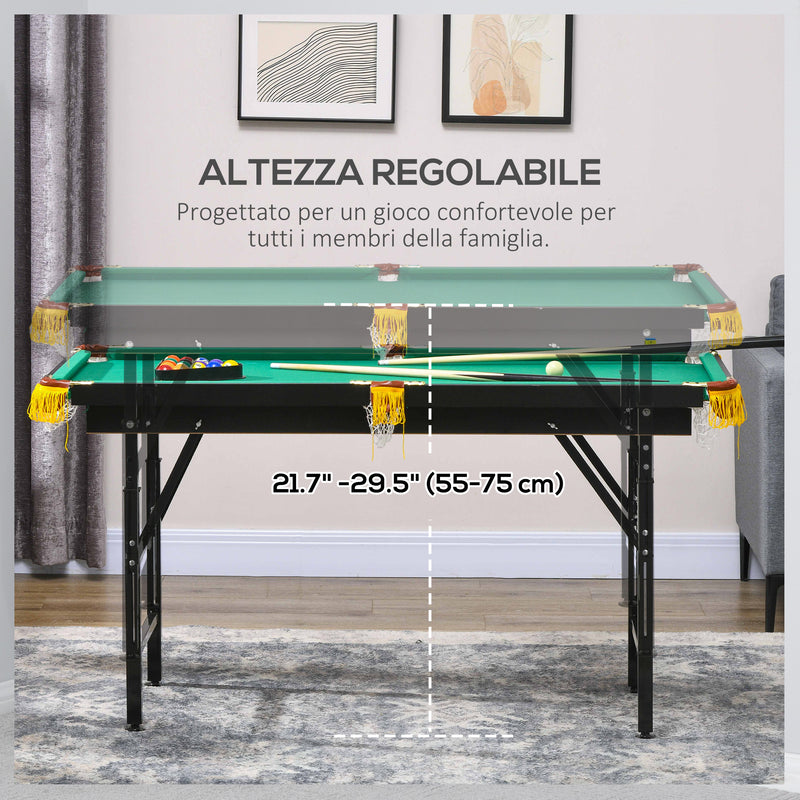Tavolo da Biliardo ad Altezza Regolabile con Accessori 140x60x55-75 cm in MDF e Acciaio Verde