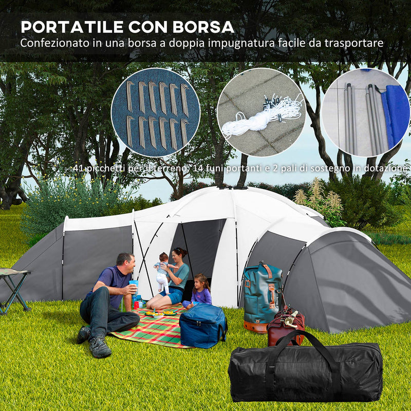 Tenda da Campeggio 6 Posti Impermeabile con 3 Aree Notte Soggiorno e Portico in tessuto Oxford Grigio