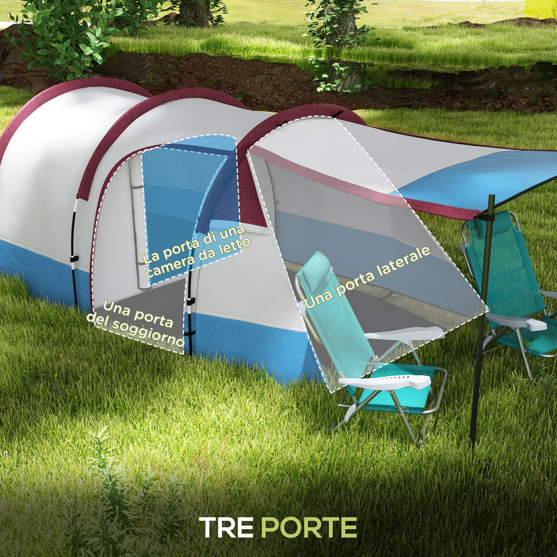 Tenda da Campeggio Impermeabile con 2 Aree e 3 Ingressi 420x200x150 cm in Poliestere e Fibra di Vetro Rosso