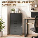 Mobile Archivio Porta Stampante 48x40x100 cm con 5 Cassetti e Ruote in Truciolato e Acciaio Nero      