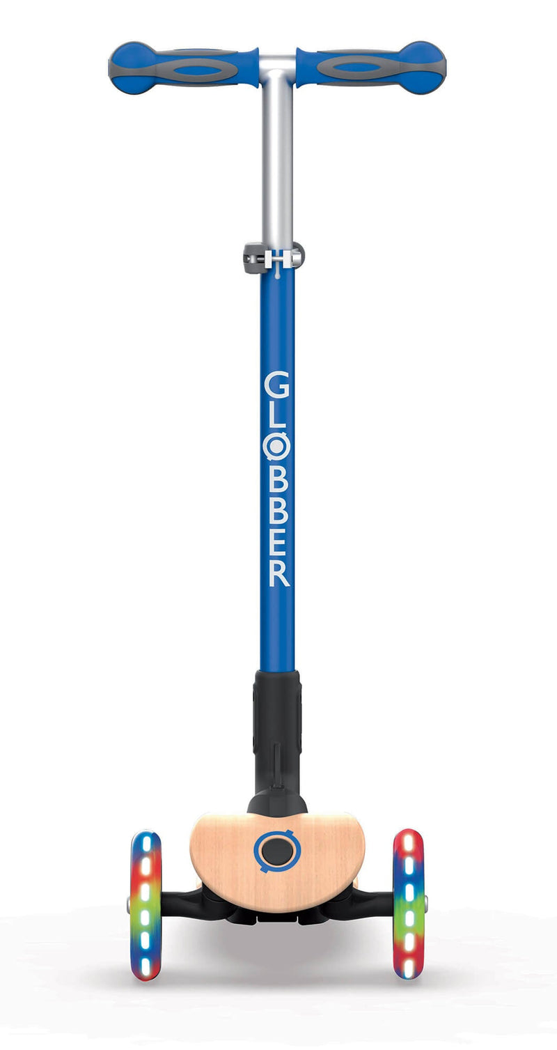 Monopattino 3 Ruote a LED Pieghevole 3 Altezze Max 50 Kg Globber Primo Foldable Wood Blu