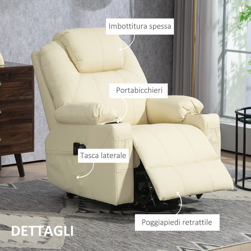 Poltrona Alzapersona Reclinabile con 8 Punti Massaggio e Telecomando Crema  