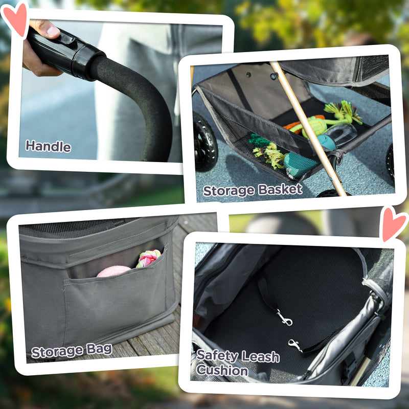 Passeggino per Cani 3 in 1 Pieghevole con Cestino Inferiore Grigio   