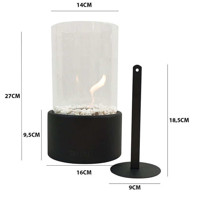 Camino a Bioetanolo da Tavolo Ø16x27 cm CALIDRIA per Interni ed Esterni in Vetro e Acciaio Nero Satinato