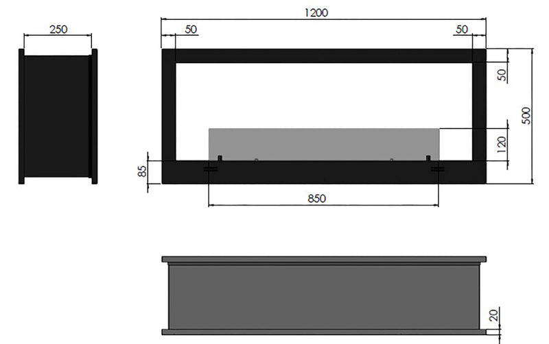 Camino a Bioetanolo da Incasso 120x50 cm Bifacciale 2 Side 1200 Nero con Vetro