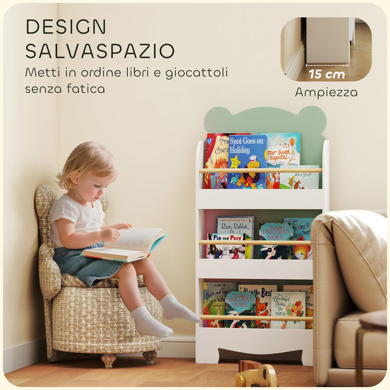 Libreria per Bambini 55x15x110 cm a Forma di Orsetto a 3 Ripiani con Barriere Frontali in MDF e Legno Verde  