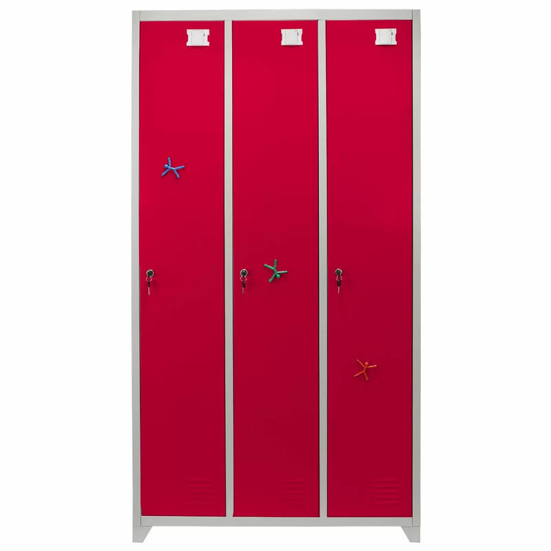 Armadietto 3 Ante 90x180x50 cm per Scuole Palestre e Spogliatoi in Acciaio Rosso