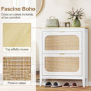 Scarpiera Slim Stile Boho con 2 Cassetti Ribaltabili per 14 Paia di Scarpe 80x24x95,5 cm Anta con Pannello in Rattan Bianco   