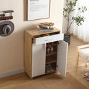 Scarpiera Mobile Salvaspazio 2 Ante 1 Cassetto 63x33x95h cm in Melaminico Venato a Rilievo Rovere e Bianco