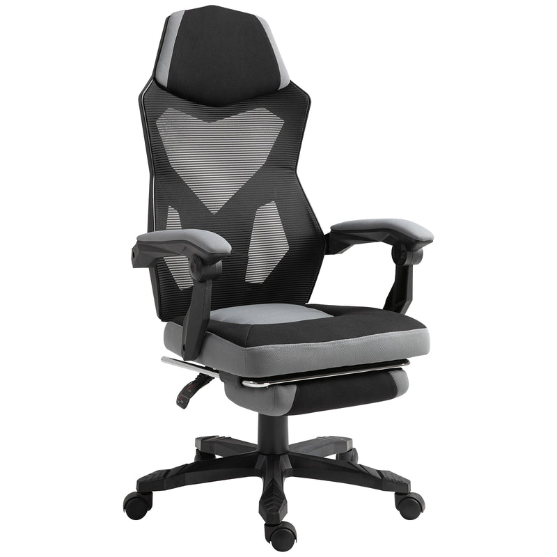 Sedia da Gaming Ergonomica con Schienale Reclinabile e Poggiapiedi Retrattile in Tessuto Grigio   