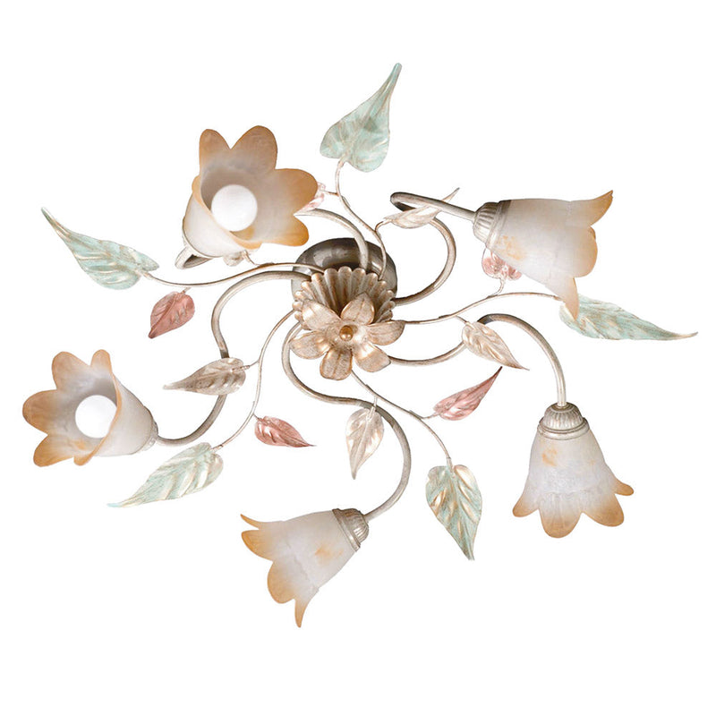 Plafoniera 5xE14 Montatura Anticata Vetro Bianco Sfumato Ambra E-Energy Giulia